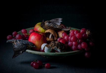 Still life with fruit, dead birds and mouse